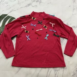 Forenza Womens Vintage 90s Turtleneck Top Size M Pink Bows Buttons Long Sleeve